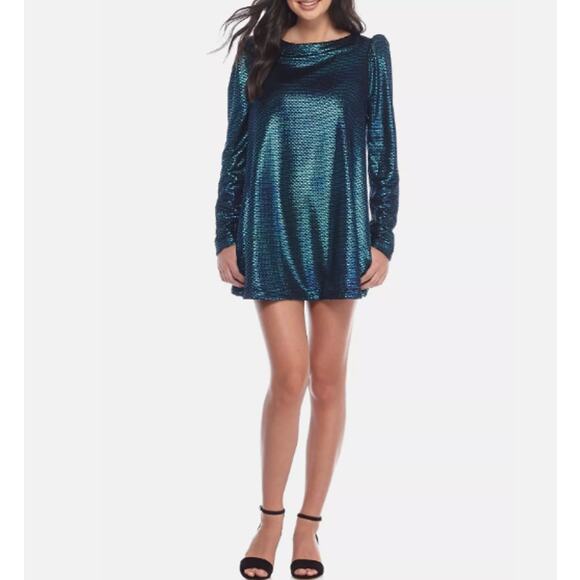 Free People Dress Diamond Forever Flowy Tunic L Blue metallic Pocket Cocktail - Picture 12 of 12